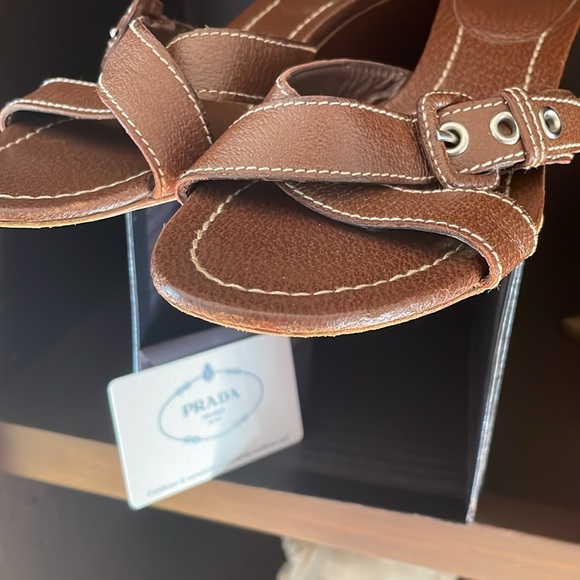 Prada Shoes - PRADA $440 brown leather low wedge slide sandals Euro size 39.5